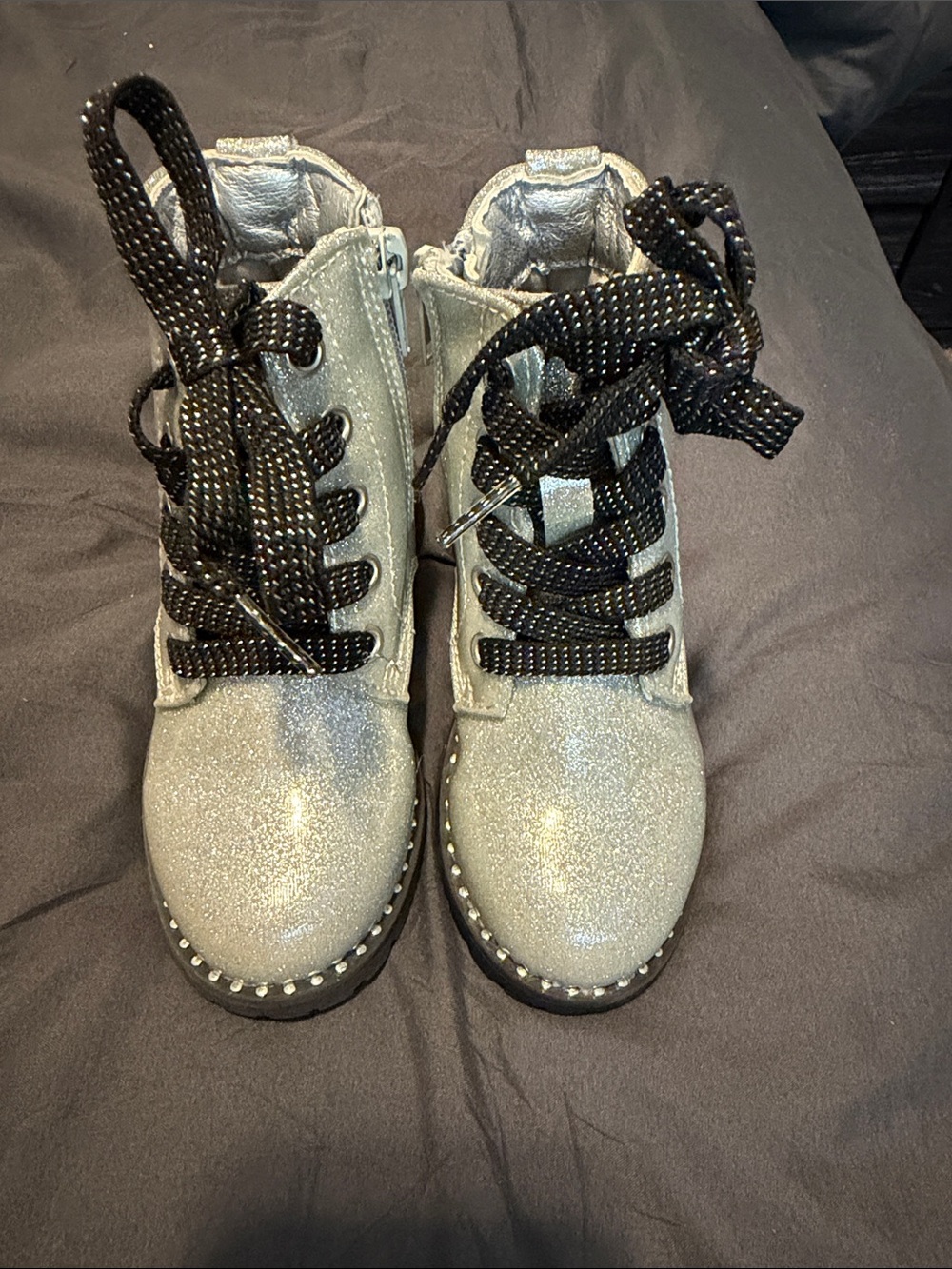 Kids Glitter Combat Boots - Silver
